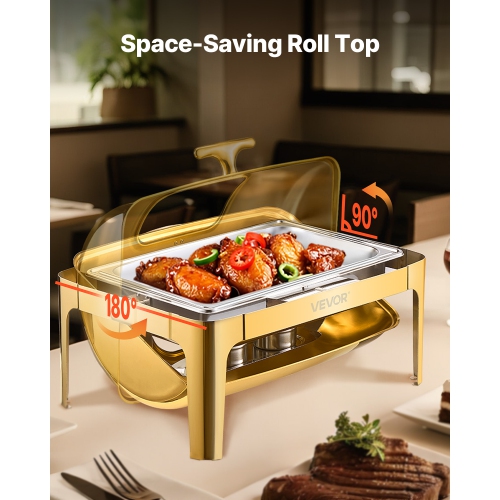 VEVOR 9Qt Roll Top Chafing Dish Buffet Complete Set, Stainless Steel Chafer with Full Size Pan, Rectangle Catering Warmer Server with Visible Lid