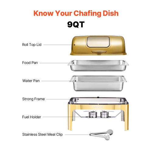 VEVOR 9Qt Roll Top Chafing Dish Buffet Complete Set, Stainless Steel Chafer with Full Size Pan, Rectangle Catering Warmer Server with Visible Lid