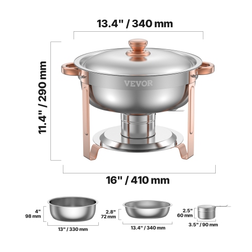 VEVOR 5 Qt 4 Pack Chafing Dish Buffet Set,Stainless Steel Chafer with 4 Full Size Pans, Round Catering Warmer Server with Lid Water Pan Folding Stand