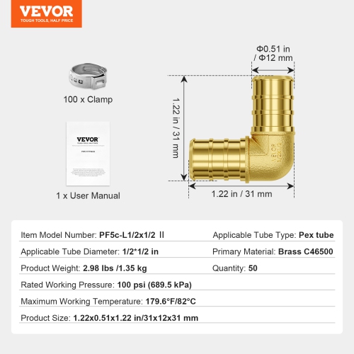 VEVOR 1/2" 50PCS Pipe Fittings, Brass Pipe Fittings, Clamp-style Elbows Pipe Connector Brass Air Fittings, Heavy Duty Plumbing Fittings Tube Adapter