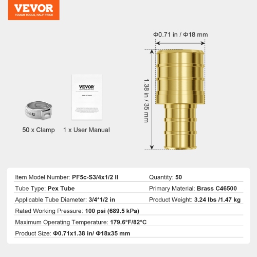 VEVOR 1/2"-3/4" Pipe Fittings, 50PCS Brass Pipe Fittings, Clamp-style 1/2 NPT Internal Thread Pipe Connector Brass Air Fittings, Heavy Duty Plumbing
