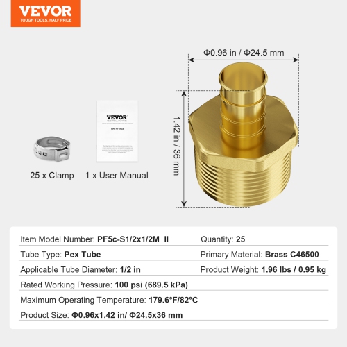 VEVOR 1/2" 25PCS Pipe Fittings, Brass Pipe Fittings, Clamp-style 1/2 NPT External Thread Pipe Connector Brass Air Fittings, Plumbing Fittings NPT