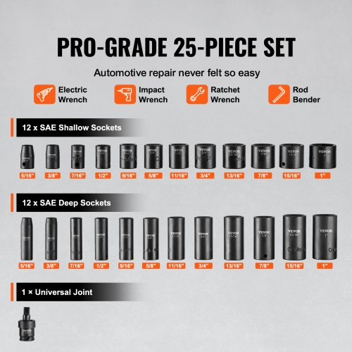 VEVOR 3/8" Drive Impact Socket Set, 25 Piece Deep & Shallow Socket Set SAE 5/16" - 1", 6 Point Cr-Mo Alloy Steel for Auto Repair, Easy-to-Read Size