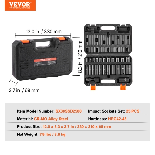 VEVOR 3/8" Drive Impact Socket Set, 25 Piece Deep & Shallow Socket Set SAE 5/16" - 1", 6 Point Cr-Mo Alloy Steel for Auto Repair, Easy-to-Read Size