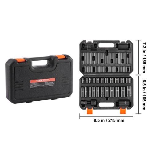 VEVOR 3/8" Drive Impact Socket Set, 25 Piece Deep & Shallow Socket Set SAE 5/16" - 1", 6 Point Cr-Mo Alloy Steel for Auto Repair, Easy-to-Read Size