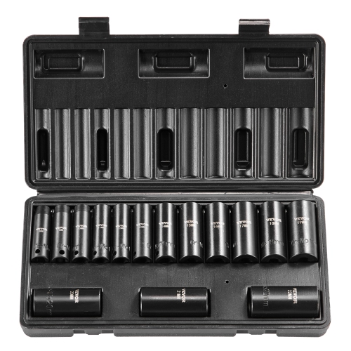 VEVOR 3/8" Drive Impact Socket Set, 15 Piece Deep Socket Set Metric 8-22mm, 6 Point Cr-Mo Alloy Steel for Auto Repair, Easy-to-Read Size Markings,