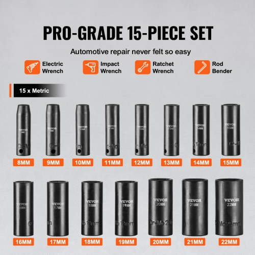 VEVOR 3/8" Drive Impact Socket Set, 15 Piece Deep Socket Set Metric 8-22mm, 6 Point Cr-Mo Alloy Steel for Auto Repair, Easy-to-Read Size Markings,
