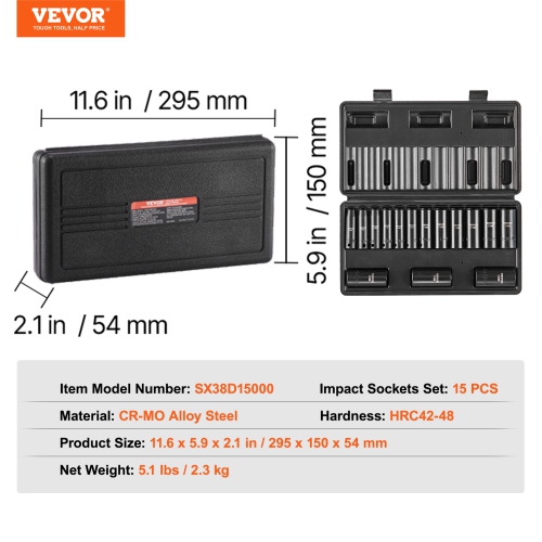 VEVOR 3/8" Drive Impact Socket Set, 15 Piece Deep Socket Set Metric 8-22mm, 6 Point Cr-Mo Alloy Steel for Auto Repair, Easy-to-Read Size Markings,