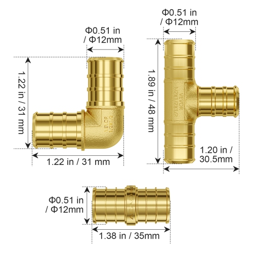 VEVOR 1/2" 45PCS Pipe Fittings, Brass Pipe Fittings, Push-Fit Pipe Connector Brass Air Fittings, Plumbing Fittings Adapter for Heating Systems