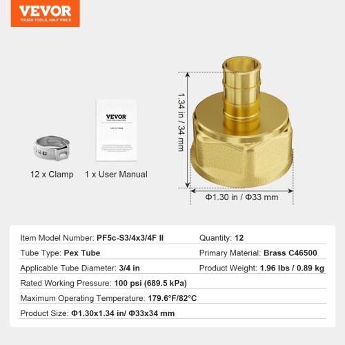 VEVOR 3/4" 12PCS Pipe Fittings,Brass Pipe Fittings, Clamp-style 3/4 NPT Pipe Connector Brass Air Fittings, Heavy Duty Plumbing Fittings NPT Adapter