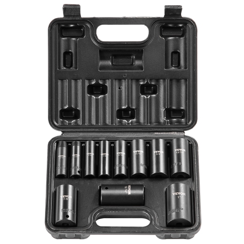 VEVOR 3/8" Drive Impact Socket Set, 11 Piece Deep Socket Set SAE 5/16"-1", 6 Point CR-V Alloy Steel for Auto Repair, Easy-to-Read Size Markings,