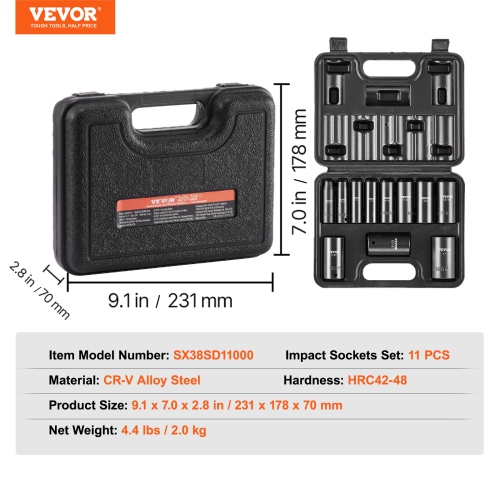 VEVOR 3/8" Drive Impact Socket Set, 11 Piece Deep Socket Set SAE 5/16"-1", 6 Point CR-V Alloy Steel for Auto Repair, Easy-to-Read Size Markings,