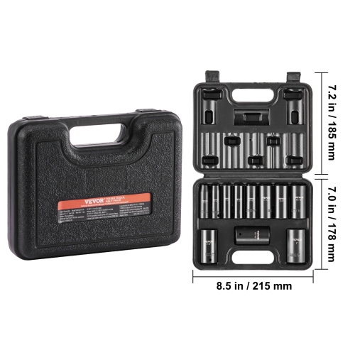 VEVOR 3/8" Drive Impact Socket Set, 11 Piece Deep Socket Set SAE 5/16"-1", 6 Point CR-V Alloy Steel for Auto Repair, Easy-to-Read Size Markings,