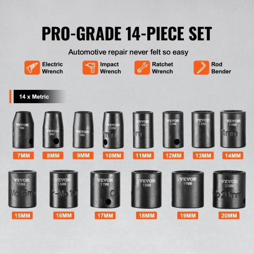 VEVOR 3/8" Drive Impact Socket Set, 14 Piece Shallow Socket Set Metric 7-20mm, 6 Point Cr-Mo Alloy Steel for Auto Repair, Easy-to-Read Size Markings,