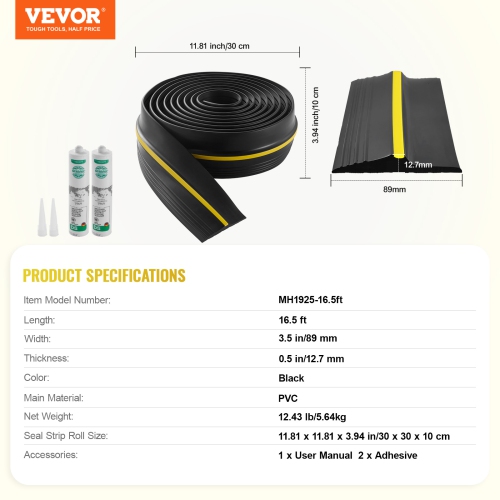 VEVOR 16.5 FT Garage Door Threshold Seal Strip, Universal Garage Door Floor Seal Strip with Adhesive, Garage Door Bottom Weatherproof Strip, Upgraded