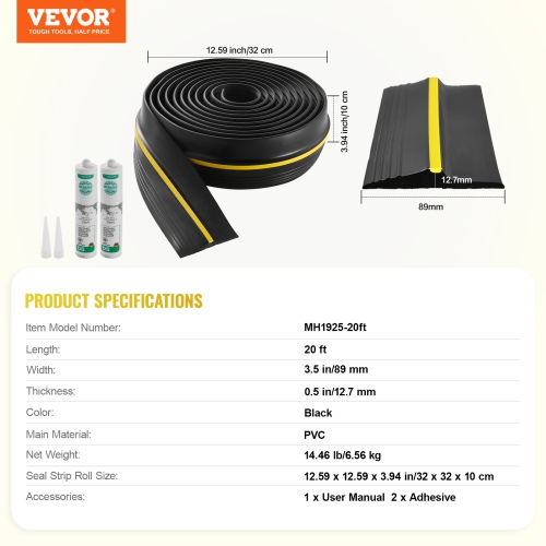 VEVOR 20 FT Garage Door Threshold Seal Strip, Universal Garage Door Floor Seal Strip with Adhesive, Garage Door Bottom Weatherproof Strip, Upgraded