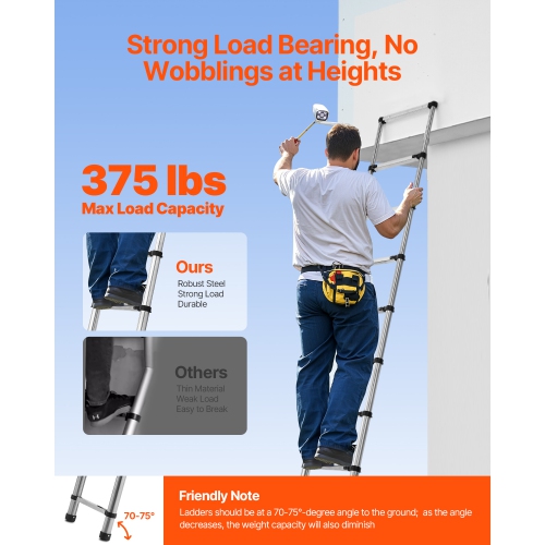 VEVOR 10.5ft Stainless Steel Lightweight Extension Ladder,Multi-Button Retraction Collapsible Ladders, 375LBS Capacity & Non-Slip Feet, Portable