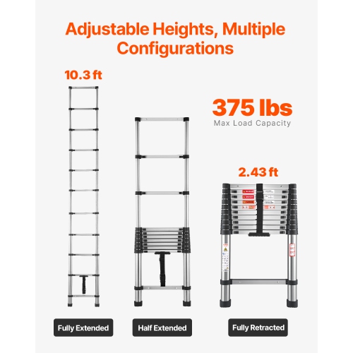 VEVOR 10.5ft Stainless Steel Lightweight Extension Ladder,Multi-Button Retraction Collapsible Ladders, 375LBS Capacity & Non-Slip Feet, Portable