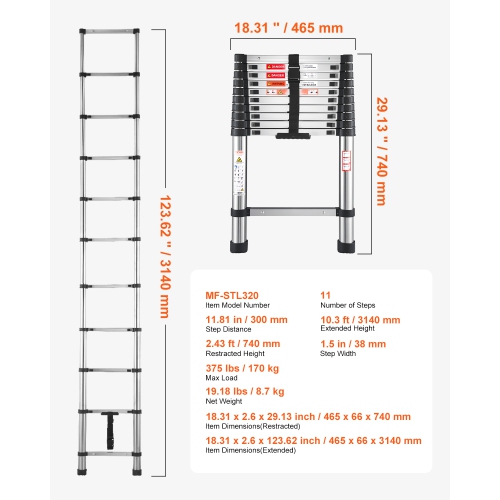 VEVOR 10.5ft Stainless Steel Lightweight Extension Ladder,Multi-Button Retraction Collapsible Ladders, 375LBS Capacity & Non-Slip Feet, Portable