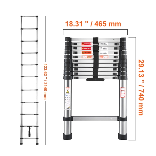VEVOR 10.5ft Stainless Steel Lightweight Extension Ladder,Multi-Button Retraction Collapsible Ladders, 375LBS Capacity & Non-Slip Feet, Portable