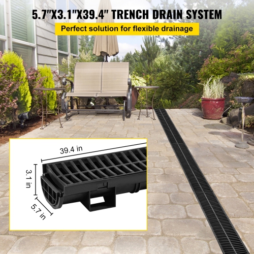 VEVOR 5.7x3.1-Inch HDPE Drainage Trench, Channel Drain with Plastic Grate, Black Plastic Garage Floor Drain, 5x39 Trench Drain Grate, with 5 End