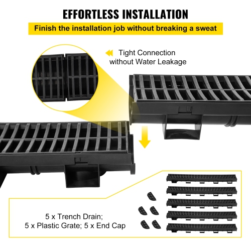 VEVOR 5.7x3.1-Inch HDPE Drainage Trench, Channel Drain with Plastic Grate, Black Plastic Garage Floor Drain, 5x39 Trench Drain Grate, with 5 End