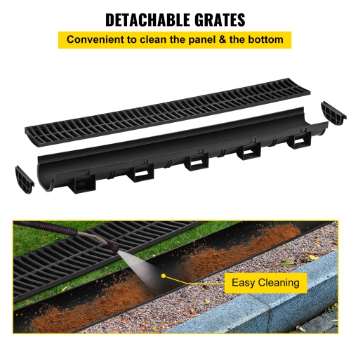 VEVOR 5.7x3.1-Inch HDPE Drainage Trench, Channel Drain with Plastic Grate, Black Plastic Garage Floor Drain, 5x39 Trench Drain Grate, with 5 End