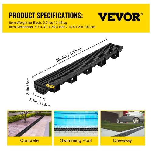 VEVOR 5.7x3.1-Inch HDPE Drainage Trench, Channel Drain with Plastic Grate, Black Plastic Garage Floor Drain, 5x39 Trench Drain Grate, with 5 End
