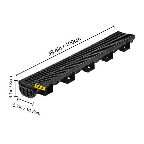 VEVOR 5.7x3.1-Inch HDPE Drainage Trench, Channel Drain with Plastic Grate, Black Plastic Garage Floor Drain, 5x39 Trench Drain Grate, with 5 End