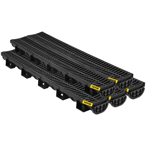 VEVOR 5.7x3.1-Inch HDPE Drainage Trench, Channel Drain with Plastic Grate, Black Plastic Garage Floor Drain, 5x39 Trench Drain Grate, with 5 End