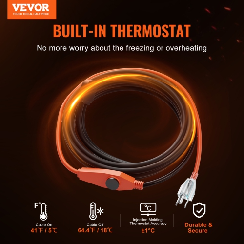 VEVOR 9FT Pipe Heating Cable, 7W/FT Heat Tape for Pipes with Built-in Thermostat, Water Pipe Heat Cable Protects PVC Hose, Metal and Plastic Pipe