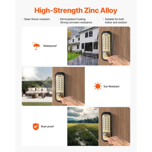 VEVOR 14 Mechanical Keyless Door Lock, Key Mechanical Door Lock, Mechanical Keypad Door Lock with Handle, Double-Sided Stainless Steel Waterproof,