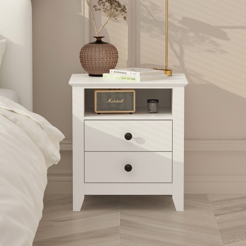 Famapy 2-Drawer White Nightstand, Modern Bedside Table with Matte Black Handles for Bedroom and Living Room,White