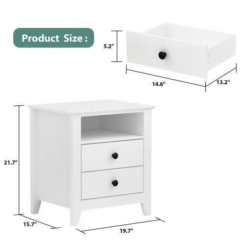 Famapy 2-Drawer White Nightstand, Modern Bedside Table with Matte Black Handles for Bedroom and Living Room,White