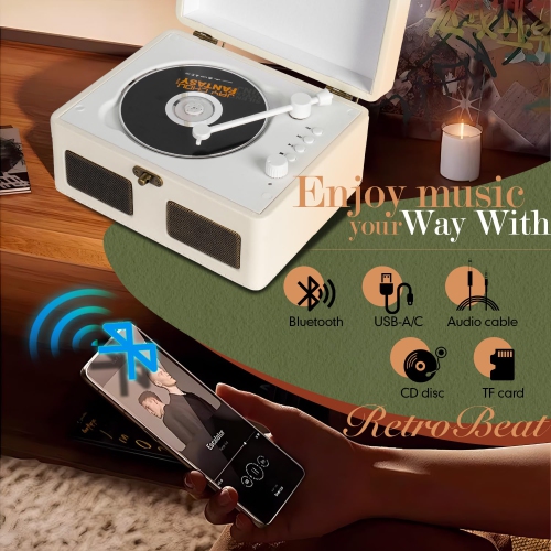 Portable Retro CD Player with Bluetooth, 2000mAH Rechargeable Home Desktop CD Player with Speaker, AUX Output, USB Mode and TF Card Support,