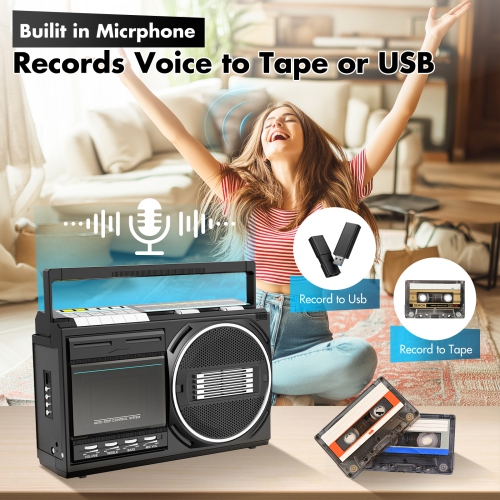 Cassette Player Recorder Portable Senior Boom Box with Earphone Jack and Built-in MIC - Sound Amplifier - DC/AC