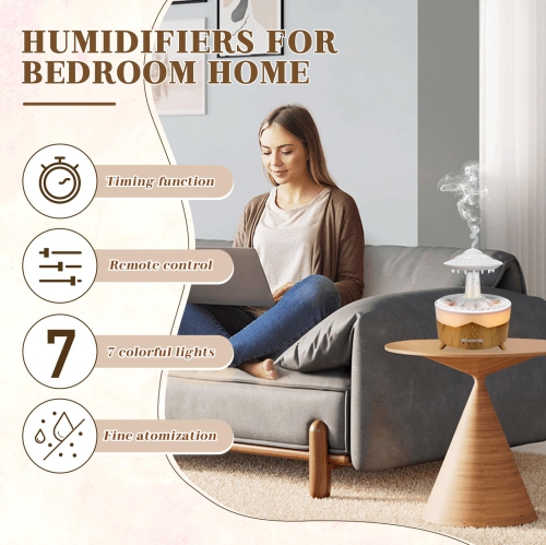 Rain Cloud Humidifier for Bedroom Water Drip, 7 Colors Night Rain Diffuser with Remote Control Timing, Mushroom Diffuser Lamp