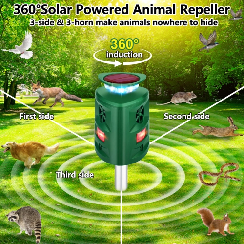 Solar Animal Repeller, 360°Ultrasonic Animal Repeller, Cat Repellent Outdoor,Dog Repellent with Motion Sensor & Flashing Light