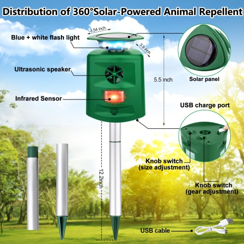 Solar Animal Repeller, 360°Ultrasonic Animal Repeller, Cat Repellent Outdoor,Dog Repellent with Motion Sensor & Flashing Light
