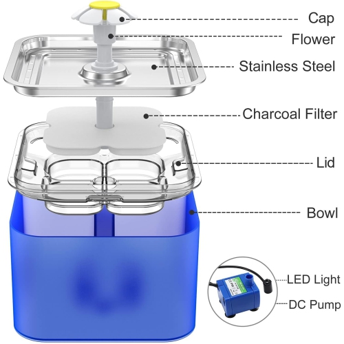 3-liter stainless steel cat water fountain - triple filtration, three flow modes, LED light, fresh water, easy to clean