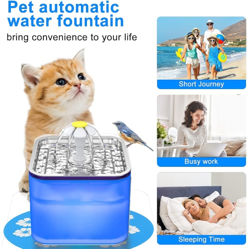 3-liter stainless steel cat water fountain - triple filtration, three flow modes, LED light, fresh water, easy to clean