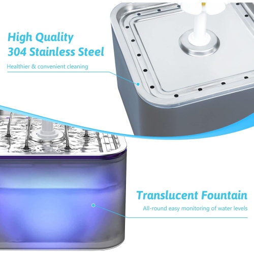 3-liter stainless steel cat water fountain - triple filtration, three flow modes, LED light, fresh water, easy to clean