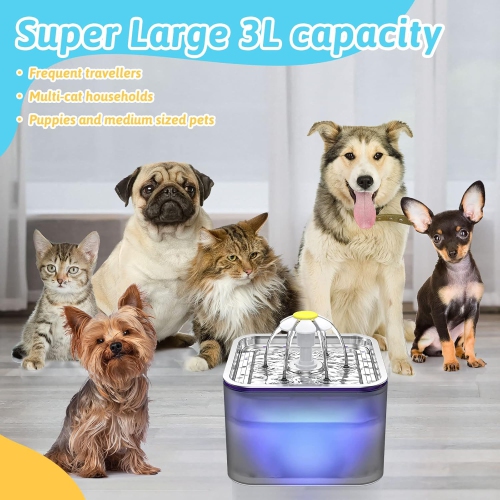 3-liter stainless steel cat water fountain - triple filtration, three flow modes, LED light, fresh water, easy to clean