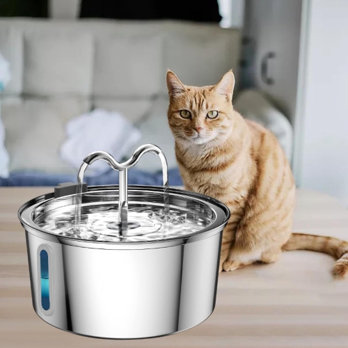 Tube rond en acier inoxydable de 3,2 L avec distributeur d'eau pour animaux de compagnie - grande capacité, ultra-silencieux, double filtration,