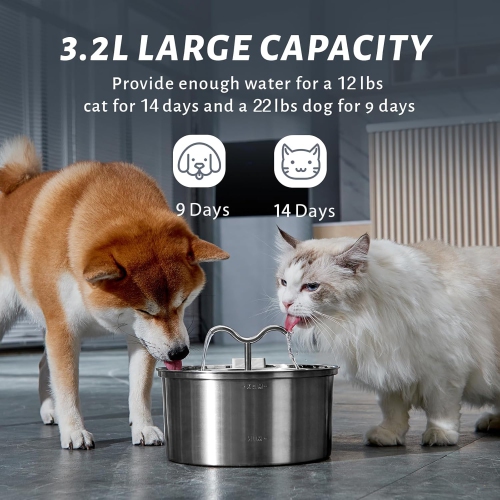 Distributeur d'eau rond en acier inoxydable pour animaux de compagnie de 3,2 L - grande capacité, ultra-silencieux, double filtration, deux