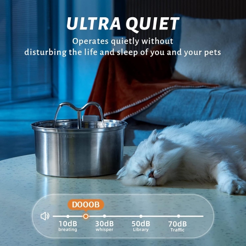 Distributeur d'eau rond en acier inoxydable pour animaux de compagnie de 3,2 L - grande capacité, ultra-silencieux, double filtration, deux