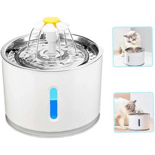 Fontaine en acier inoxydable pour animaux de compagnie de 2,4 L – Lampe LED, 3 modes de débit, pompe ultra-silencieuse, système de filtration