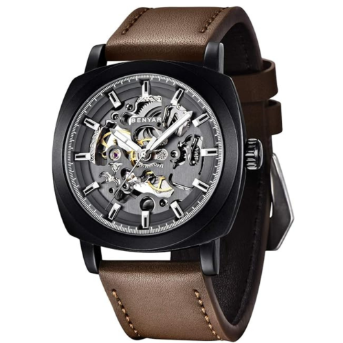 BENYAR - Mechanical Men's Automatic Watch | Montre Homme | Leather Strap | Golden Movement | 45mm Skeleton Dial | Water and Scratch Resistant Stylish