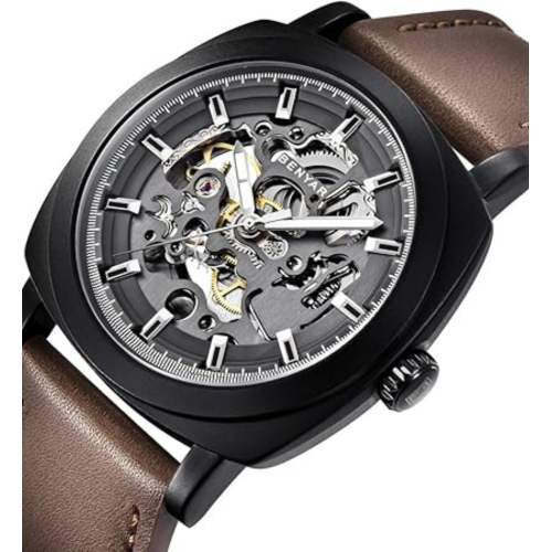 BENYAR - Mechanical Men's Automatic Watch | Montre Homme | Leather Strap | Golden Movement | 45mm Skeleton Dial | Water and Scratch Resistant Stylish