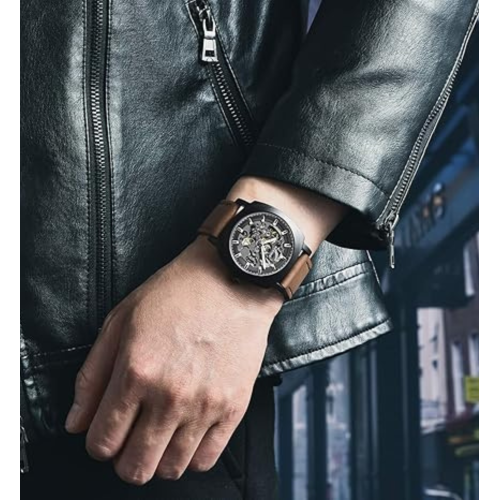 BENYAR - Mechanical Men's Automatic Watch | Montre Homme | Leather Strap | Golden Movement | 45mm Skeleton Dial | Water and Scratch Resistant Stylish